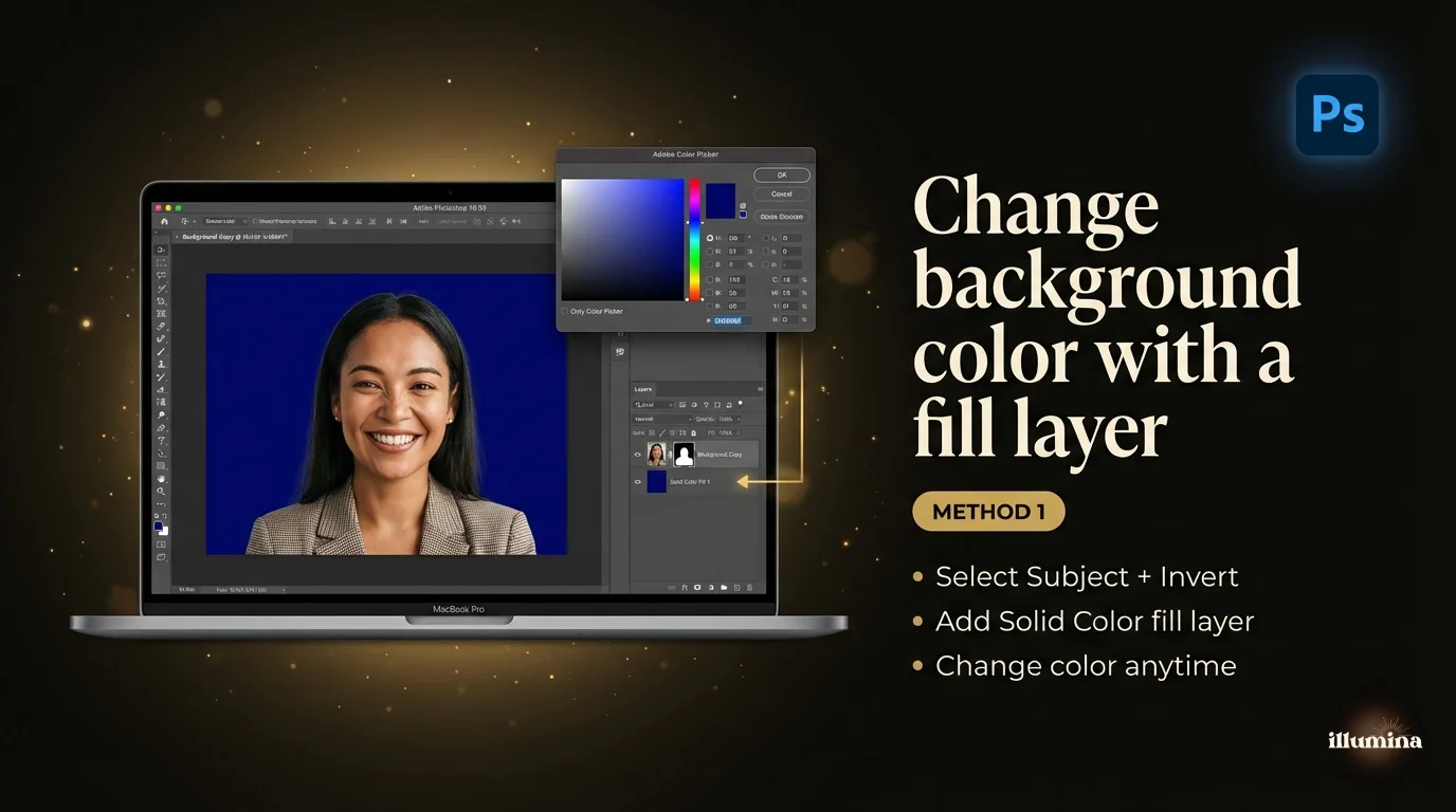 Photoshop tutorial showing a Solid Color fill layer being used to change a portrait background to a clean brand color