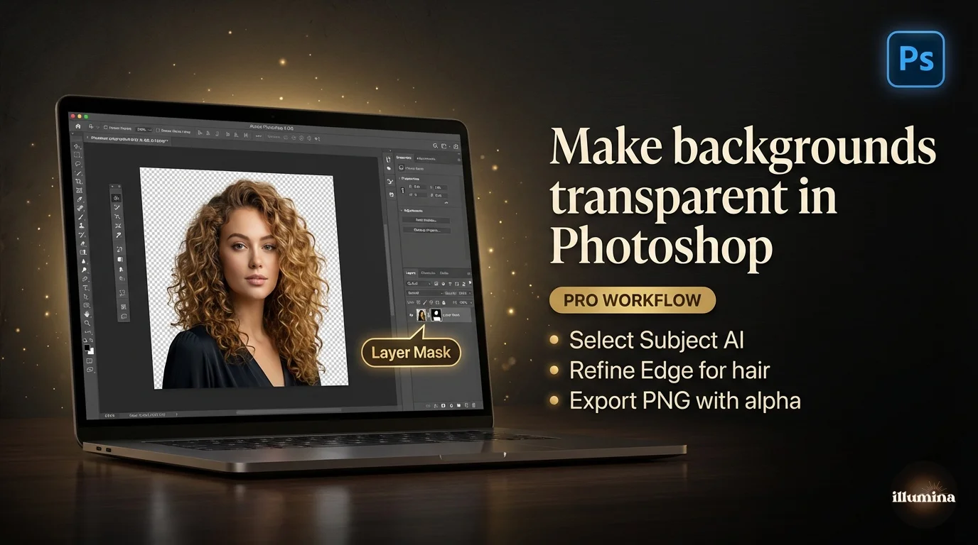 How to make a background transparent in Photoshop using Select Subject and a layer mask, with the checkerboard PNG transparency pattern visible behind the portrait