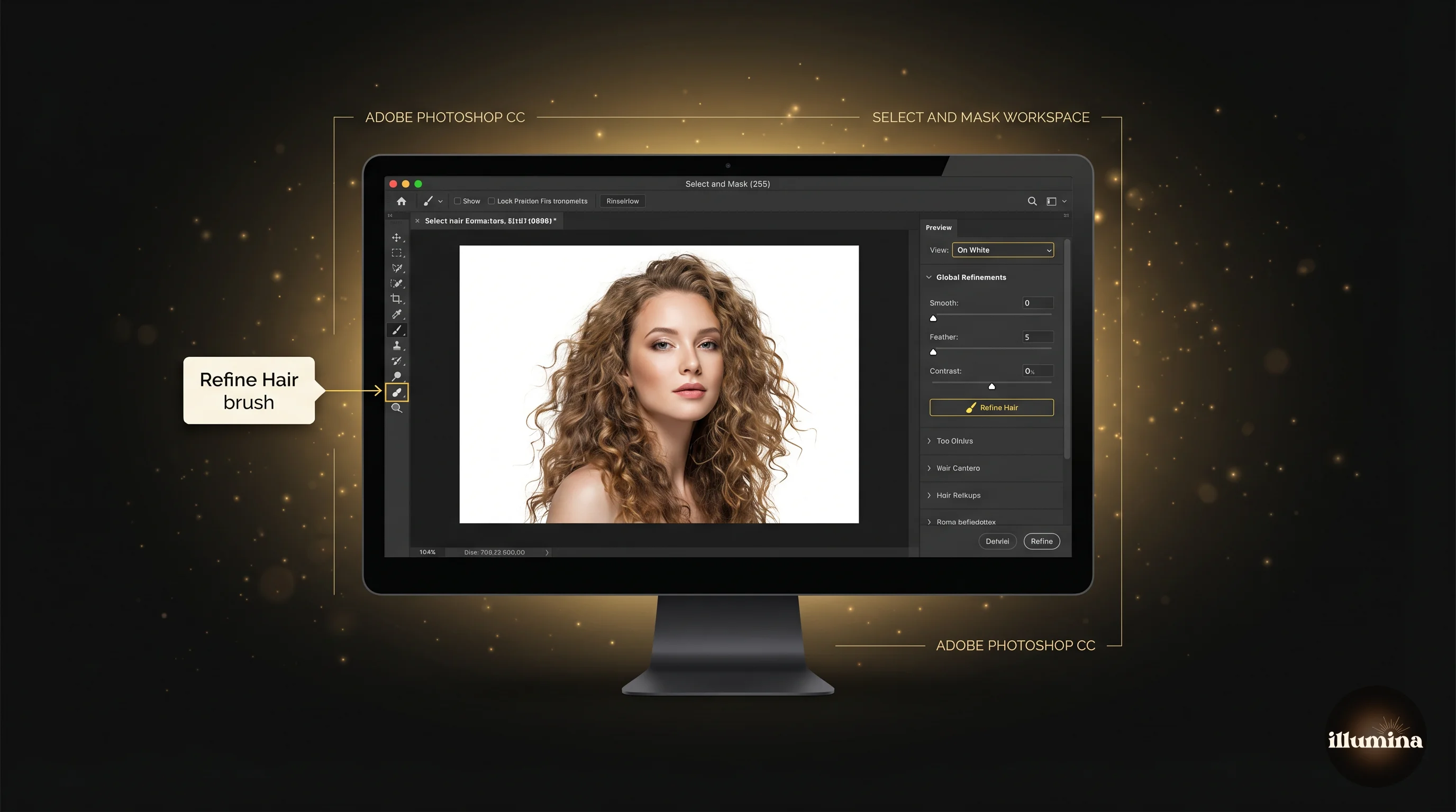 Photoshop Select and Mask workspace with a portrait on a white view preview, Refine Hair brush active on the edges