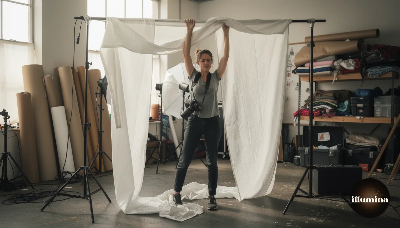 Photographer setting up a large wrinkled fabric backdrop on a heavy stand in a cluttered studio