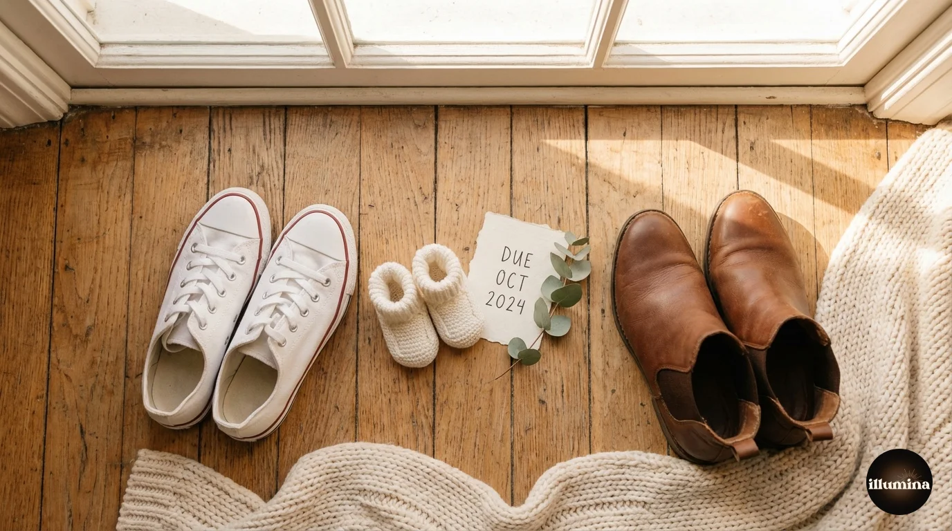 Tiny baby booties placed between two pairs of adult shoes with a due date card on a wooden floor