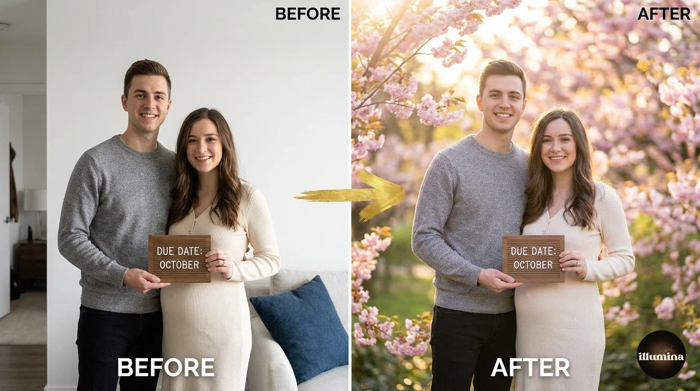 Before and after of a pregnancy announcement photo composited from a home setting onto a beautiful floral garden backdrop