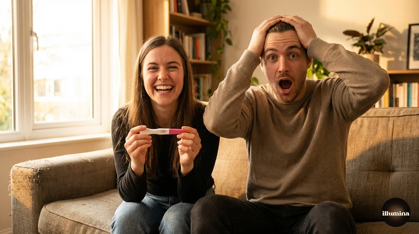 Humorous pregnancy announcement photo with a couple looking shocked while holding a positive pregnancy test