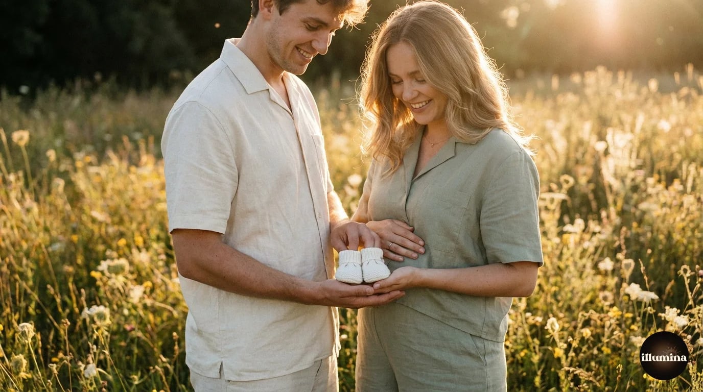 Couple holding baby shoes between them at golden hour in a meadow for a pregnancy announcement photo