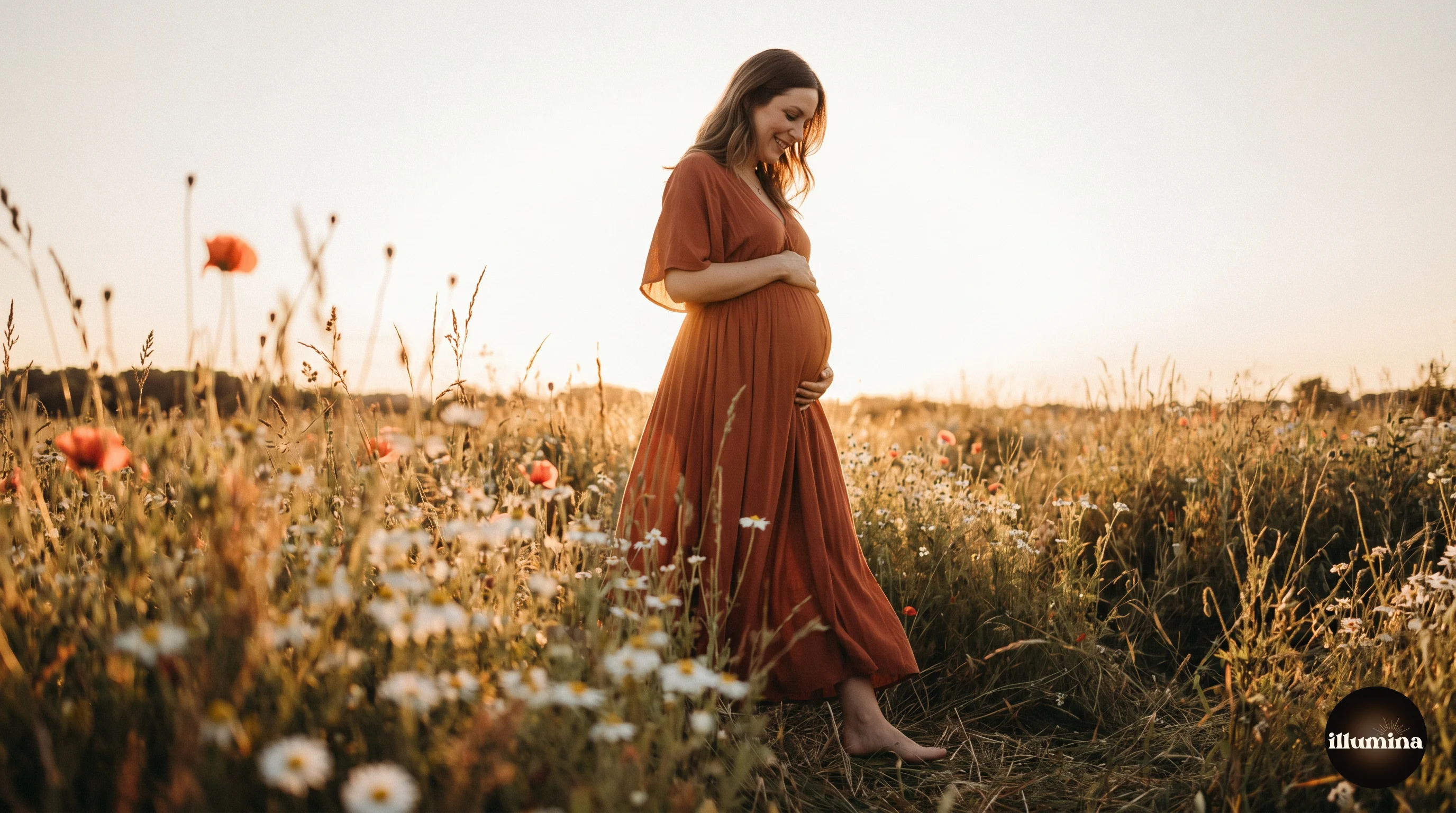 Expectant mother in a flowing long dress walking through a wildflower meadow during golden hour with warm sunlight streaming behind her