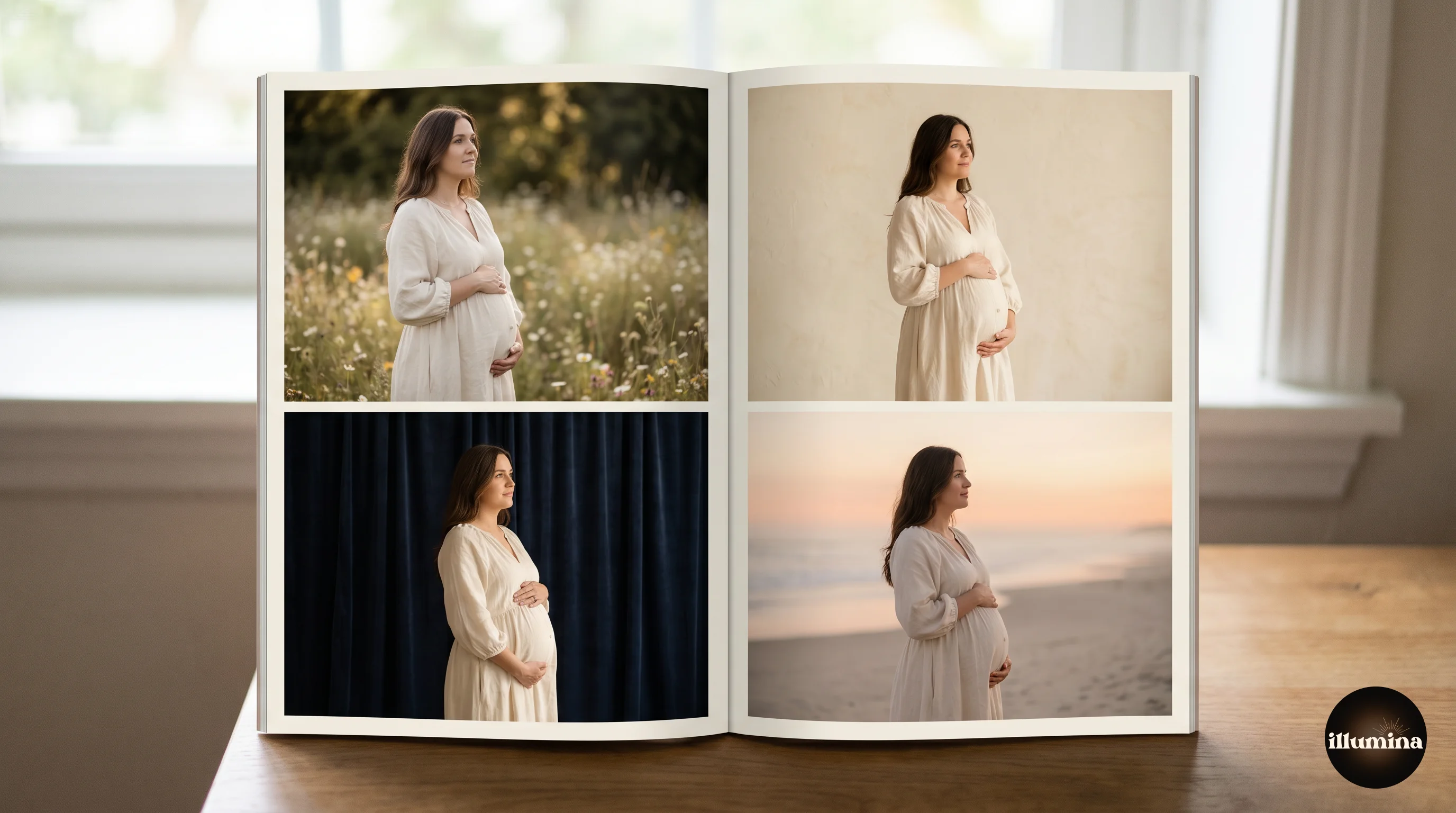 Four different digital backdrop looks applied to the same maternity portrait: floral meadow, cream studio, dramatic black, and sunset beach
