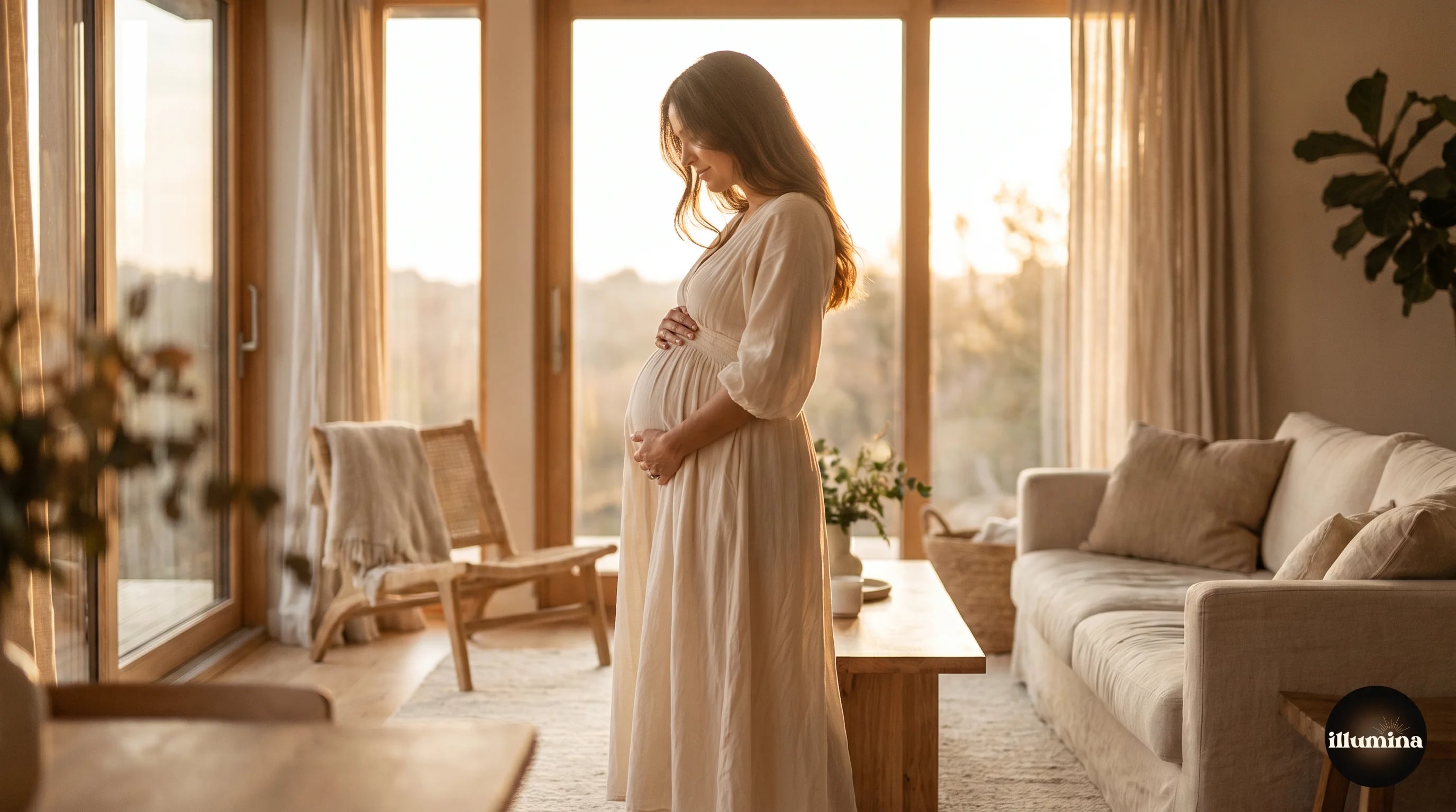 Expectant mother in a soft cream dress posing in front of large windows during golden hour, hands resting on her belly
