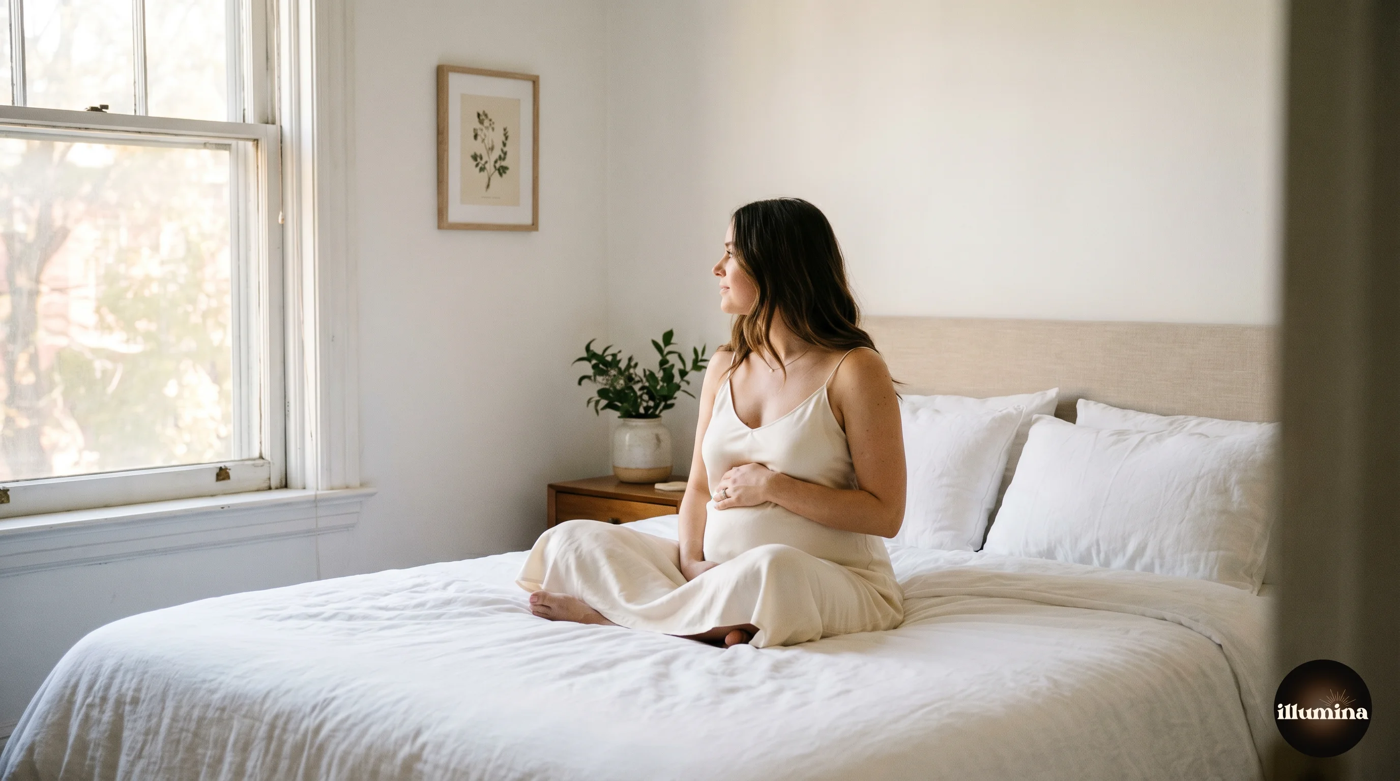 Expectant mother in a cream flowing dress sitting on a bed next to a window in her home, soft natural light illuminating her belly