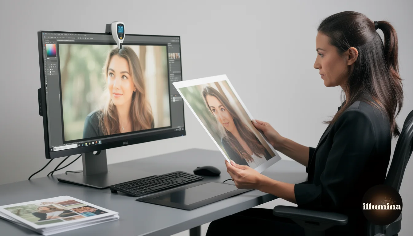 Photographer comparing a printed composite photo to the same image on a calibrated monitor
