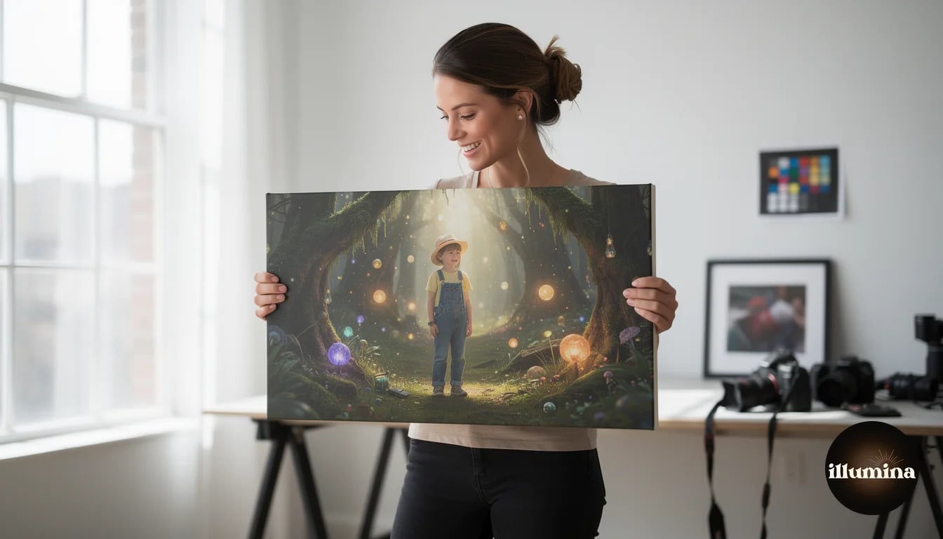 Photographer holding up a large canvas print of a composite portrait and examining the quality