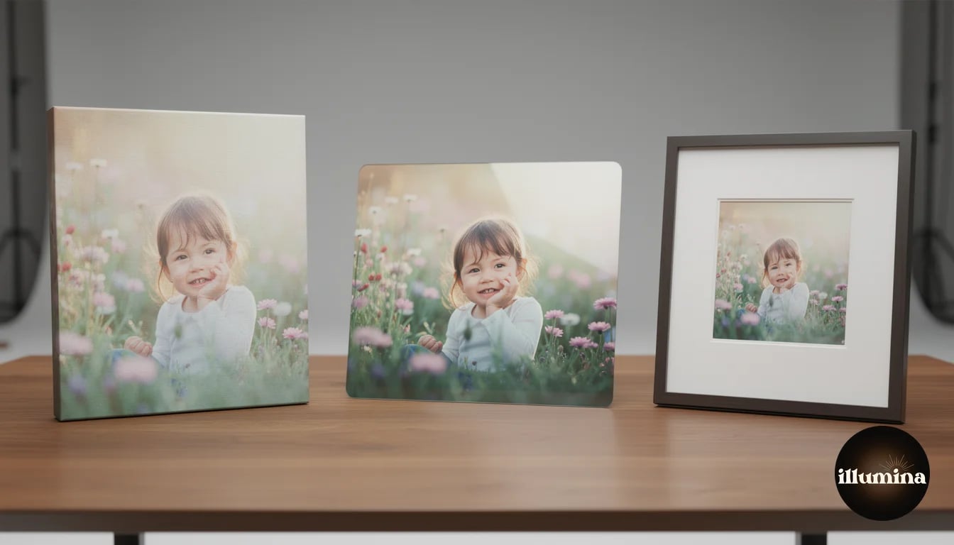 Same composite portrait printed on canvas, metal, and framed paper showing material comparison