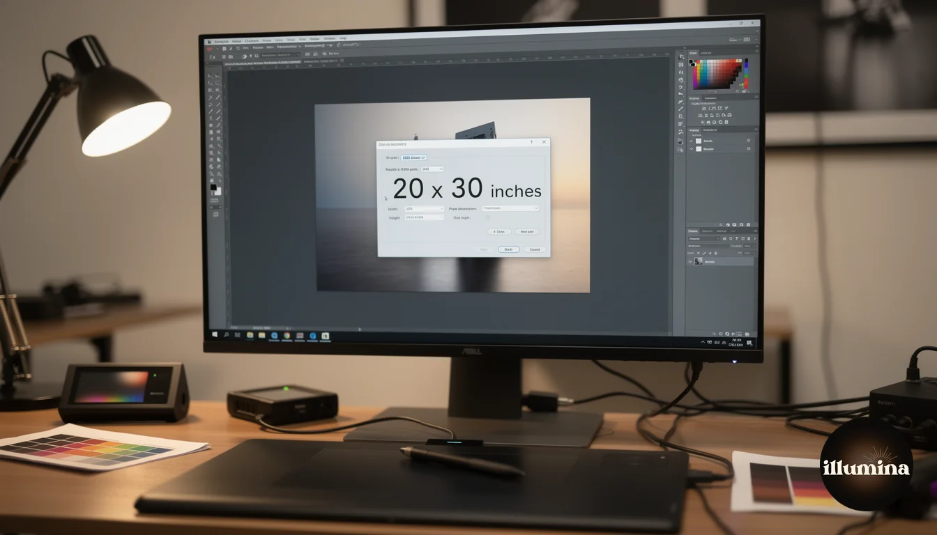 Computer monitor showing Photoshop image size dialog with 300 DPI resolution settings