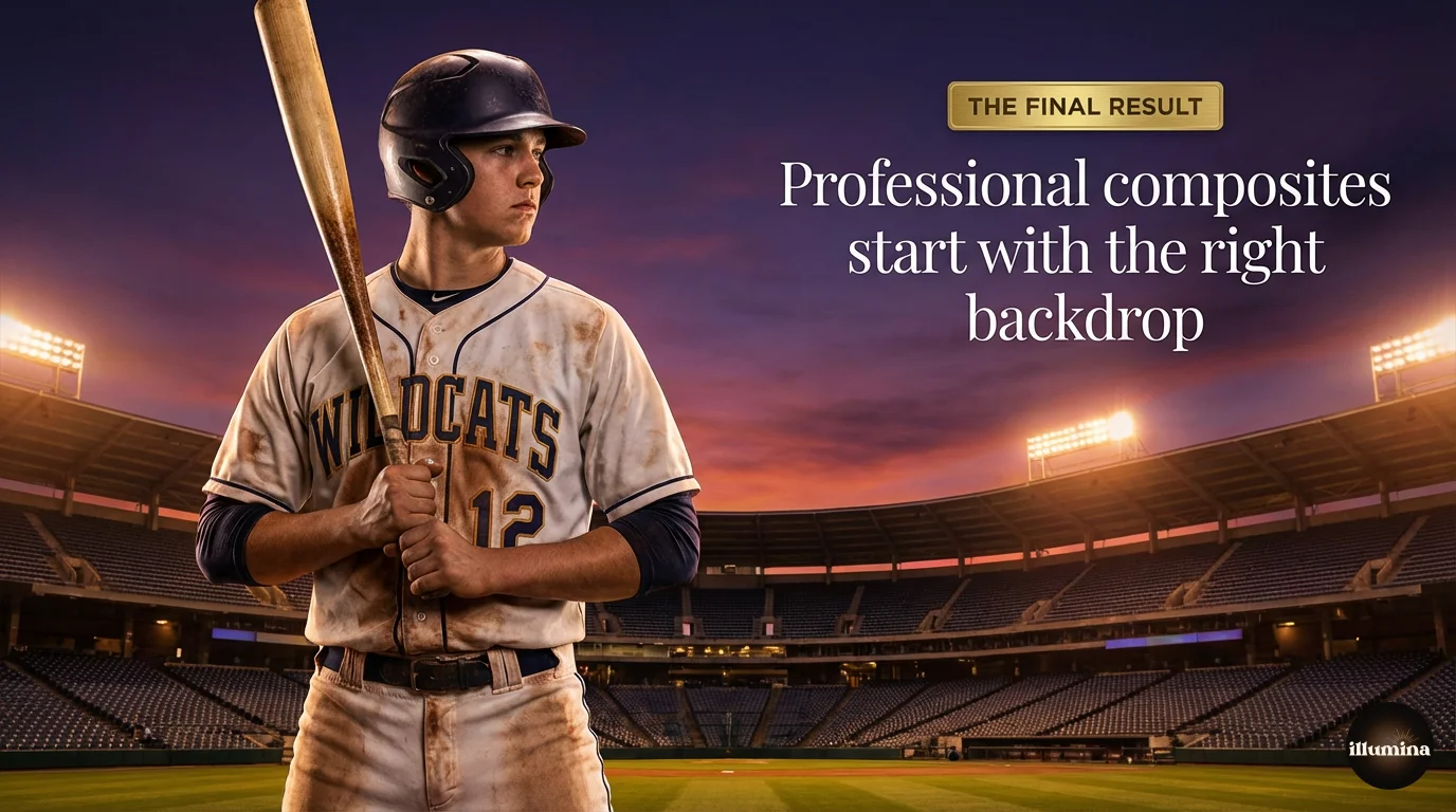 Professional composite photo of a baseball player on a dramatic stadium backdrop using Illumina digital backdrops
