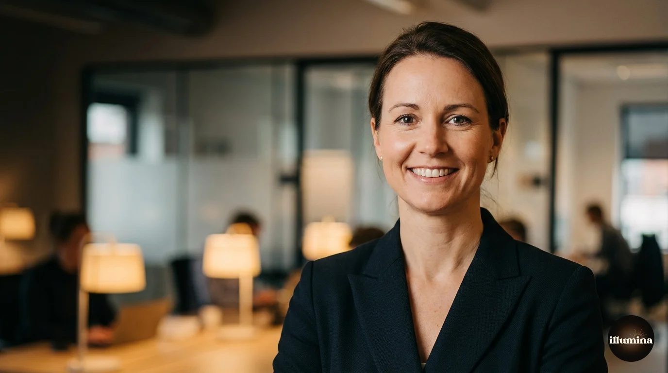 Professional headshot portrait of a business woman against a softly blurred office background