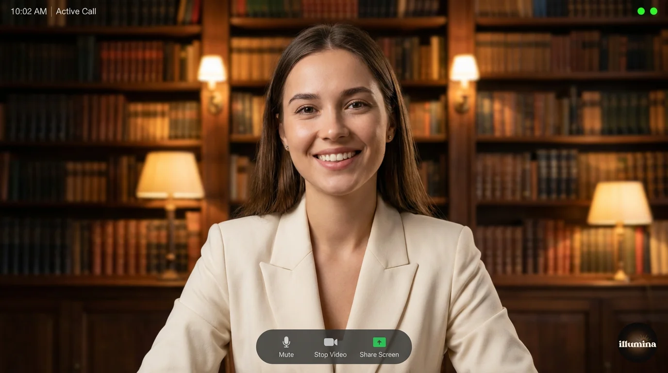 Professional zoom virtual background showing an elegant library backdrop on a video call