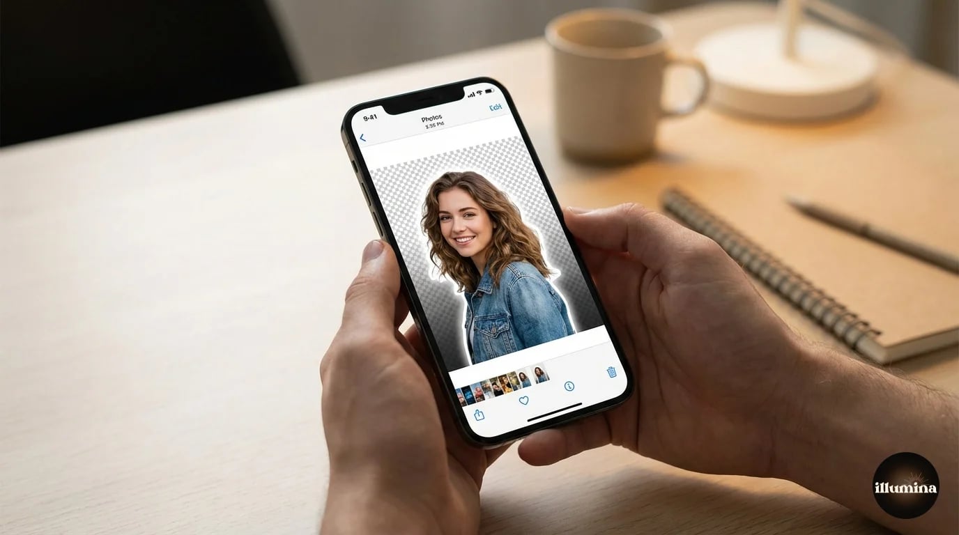Hands holding an iPhone showing a portrait with the background being removed using the iOS Lift Subject feature