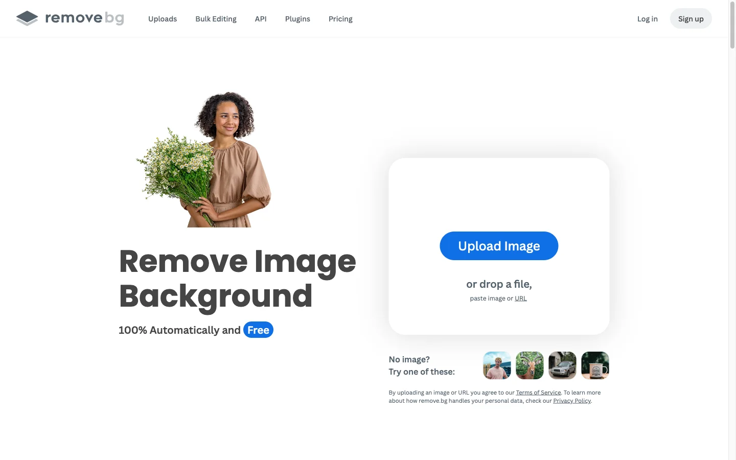 remove.bg background remover interface with Upload Image button and sample photos