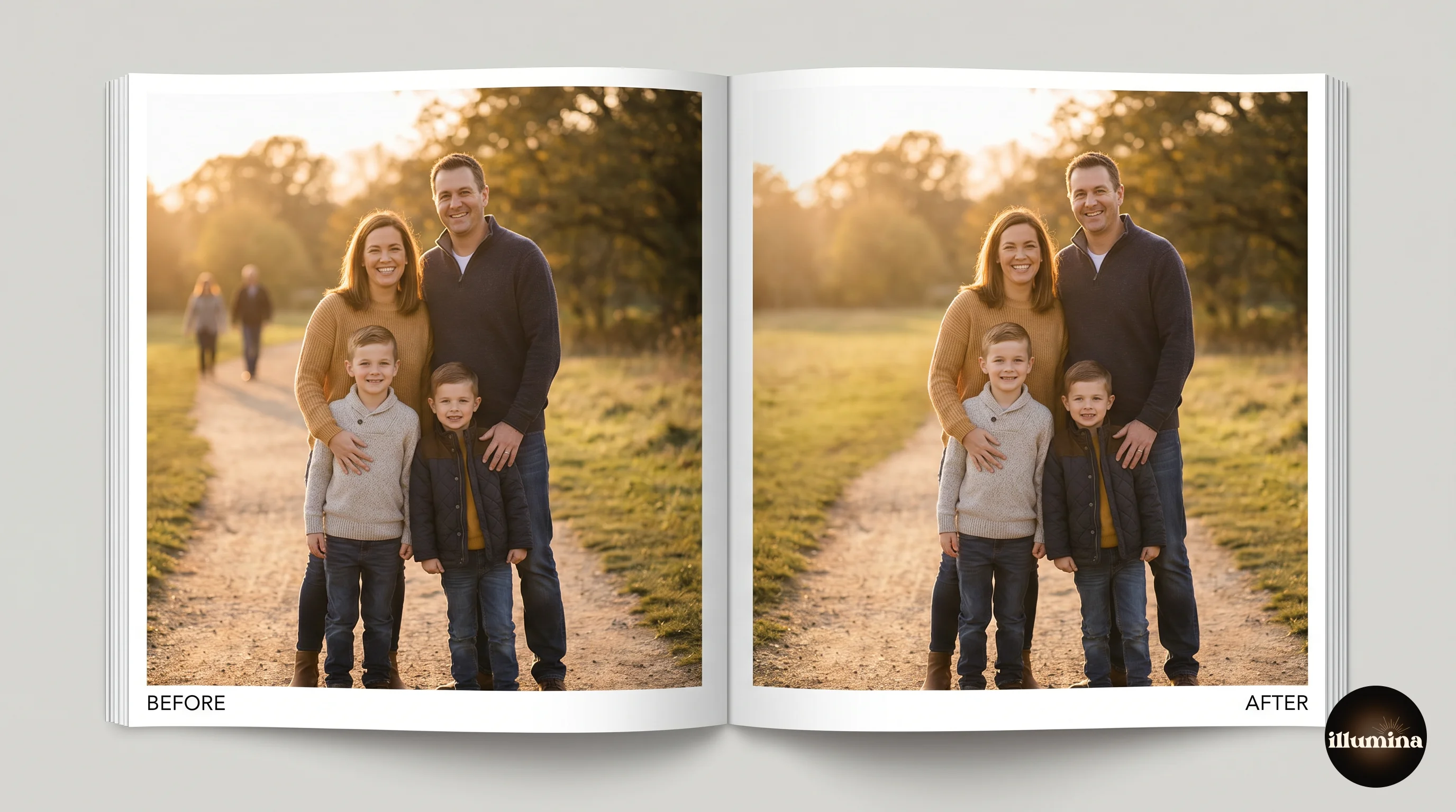 A family portrait in a park before and after removing two distracting people from the background using Generative Fill