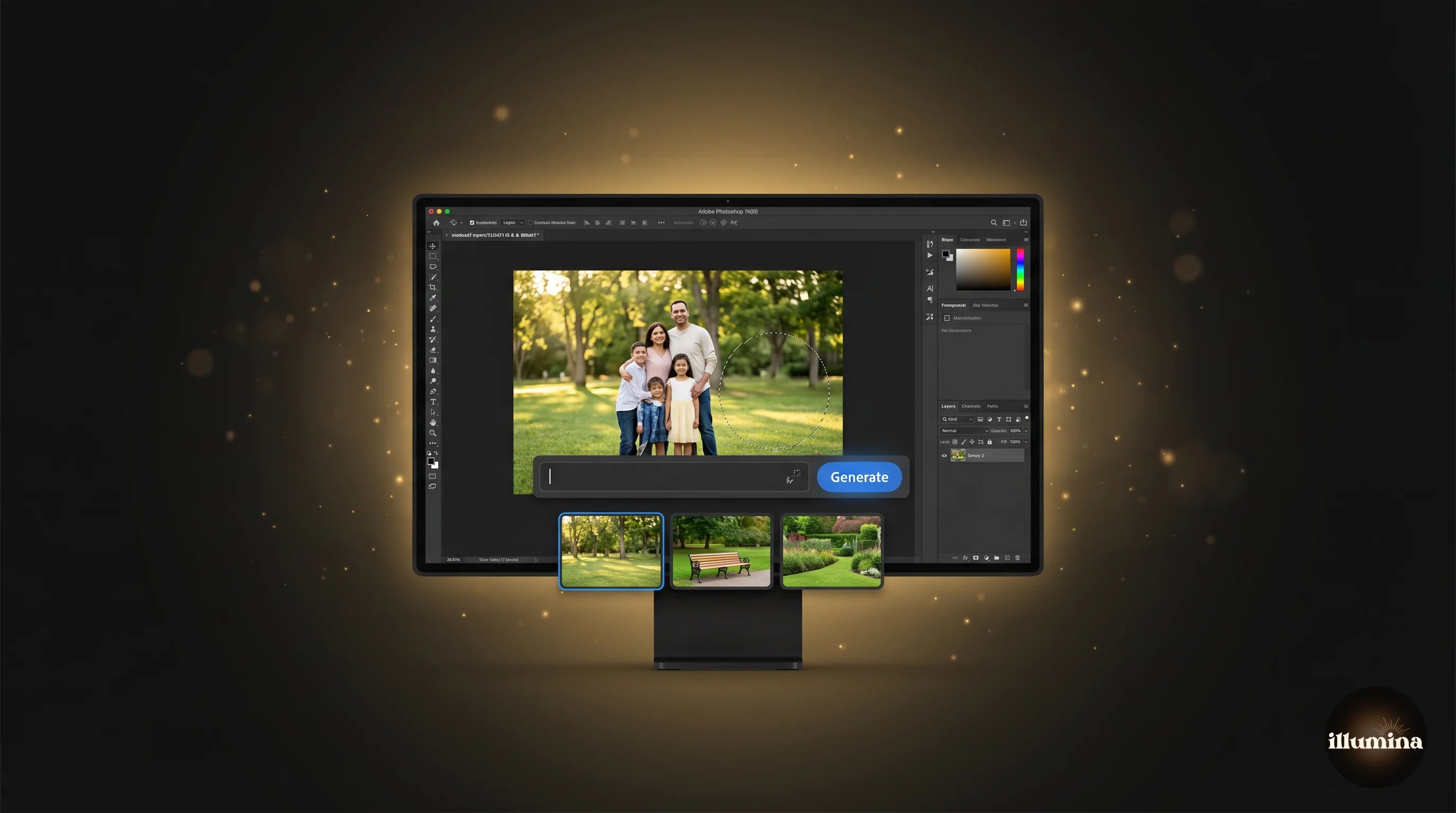 Side by side view of Generative Fill variations in Photoshop's contextual task bar, showing three AI-generated background replacements