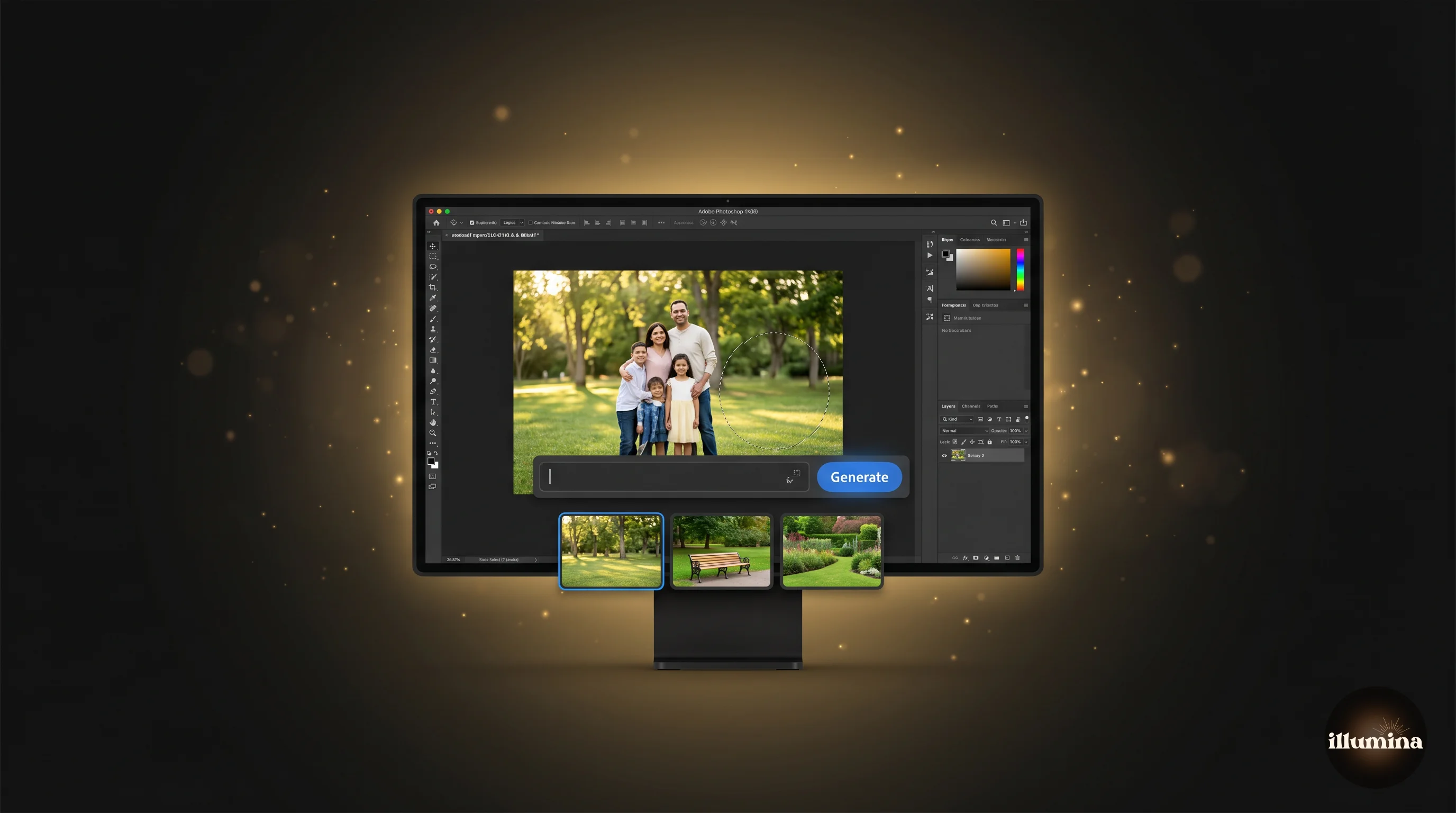 Side by side view of Generative Fill variations in Photoshop's contextual task bar, showing three AI-generated background replacements