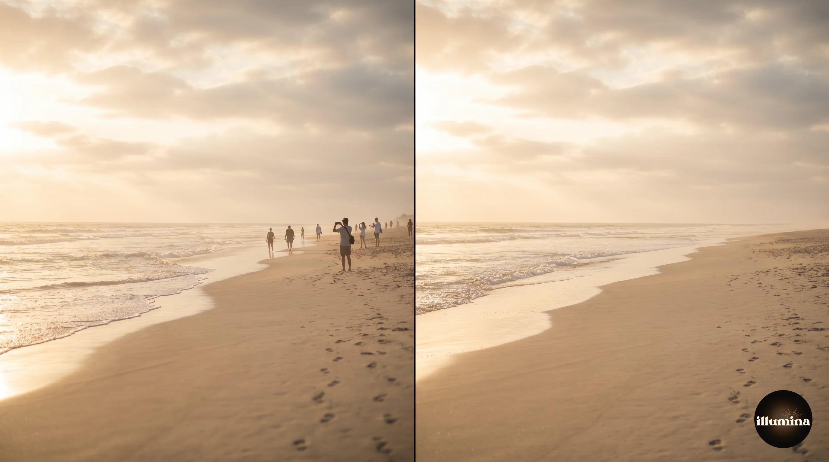 Before and after split showing a busy beach photo with tourists removed from the background, leaving a clean horizon