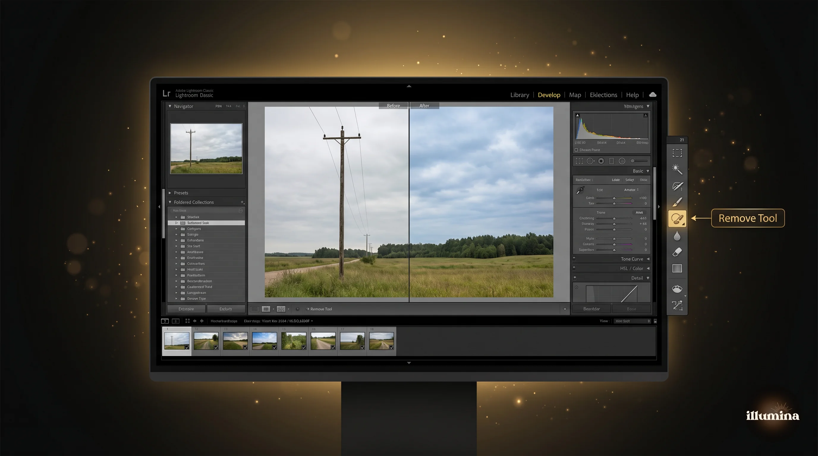 Lightroom interface showing a landscape photo before and after removing a telephone pole from the scene using the Remove Tool