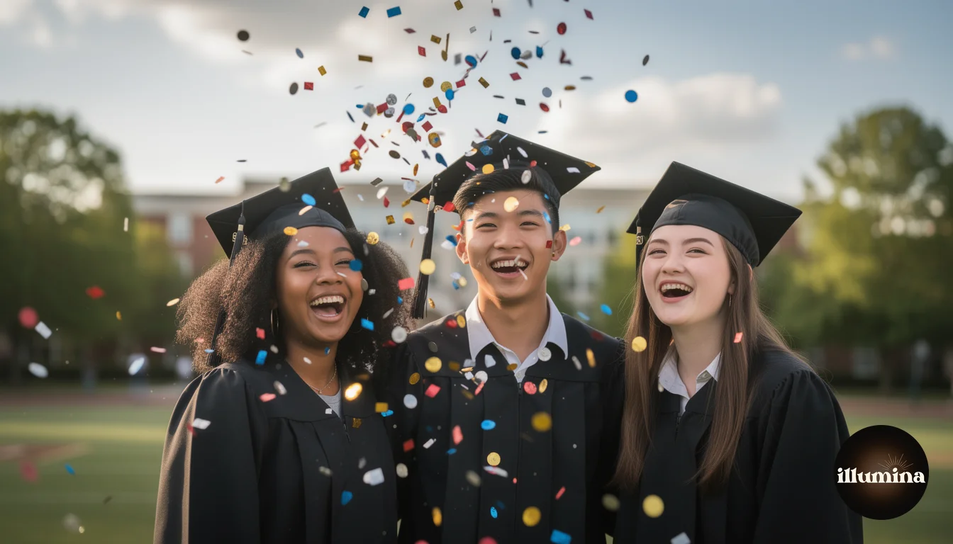 Diverse group of high school seniors in caps and gowns celebrating and tossing confetti outdoors