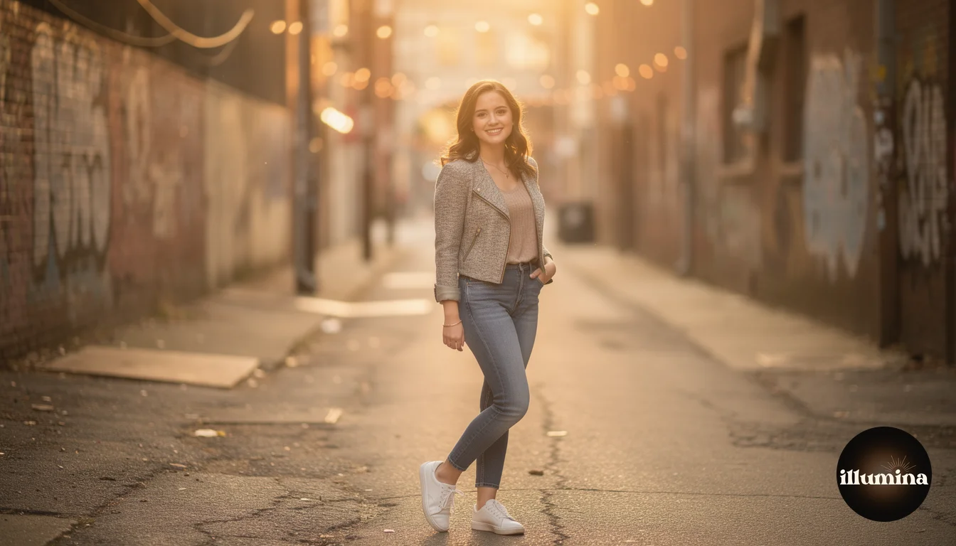 Confident high school senior girl in stylish outfit in an urban alleyway with warm golden hour light