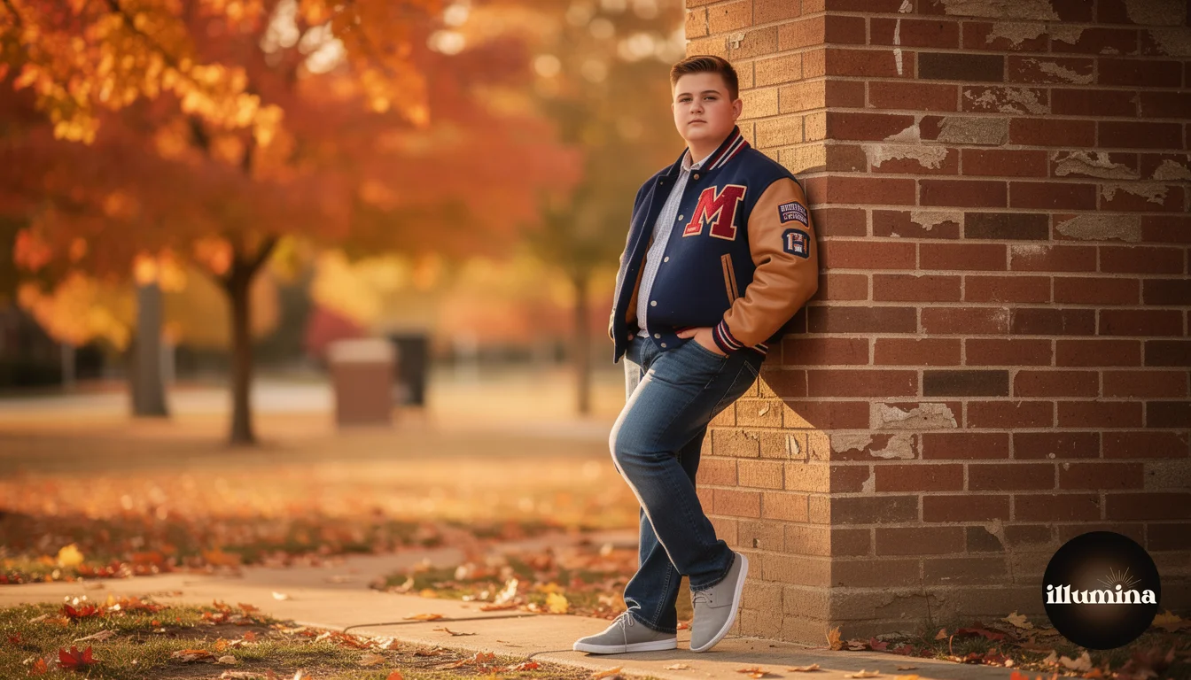 High school senior boy in varsity letterman jacket leaning against brick wall with autumn trees