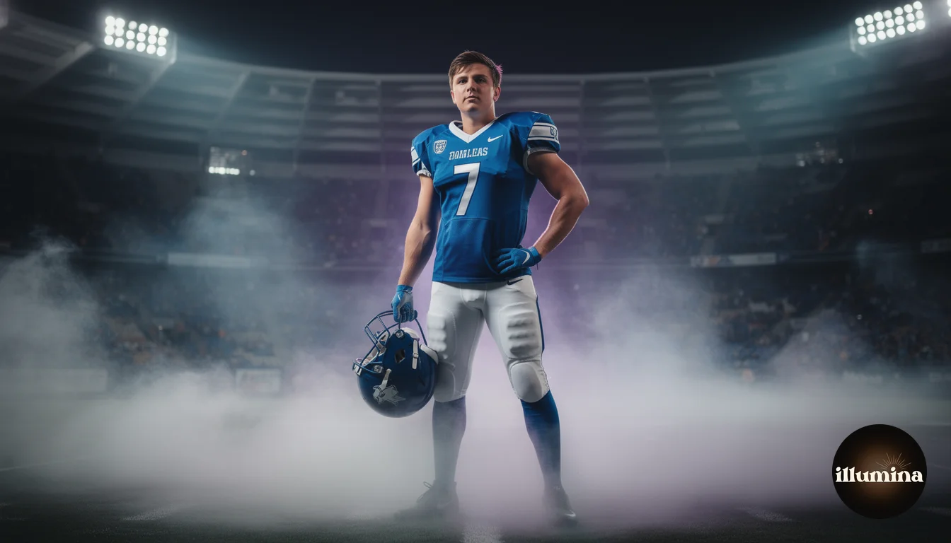 Dramatic senior portrait of an athlete composited onto a stadium backdrop with fog and dramatic lighting