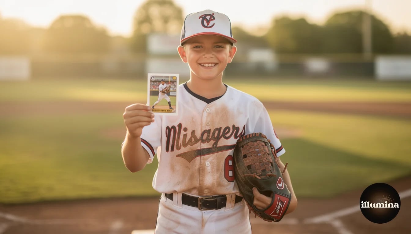 Young baseball player in uniform proudly holding up his own custom sports trading card on the field