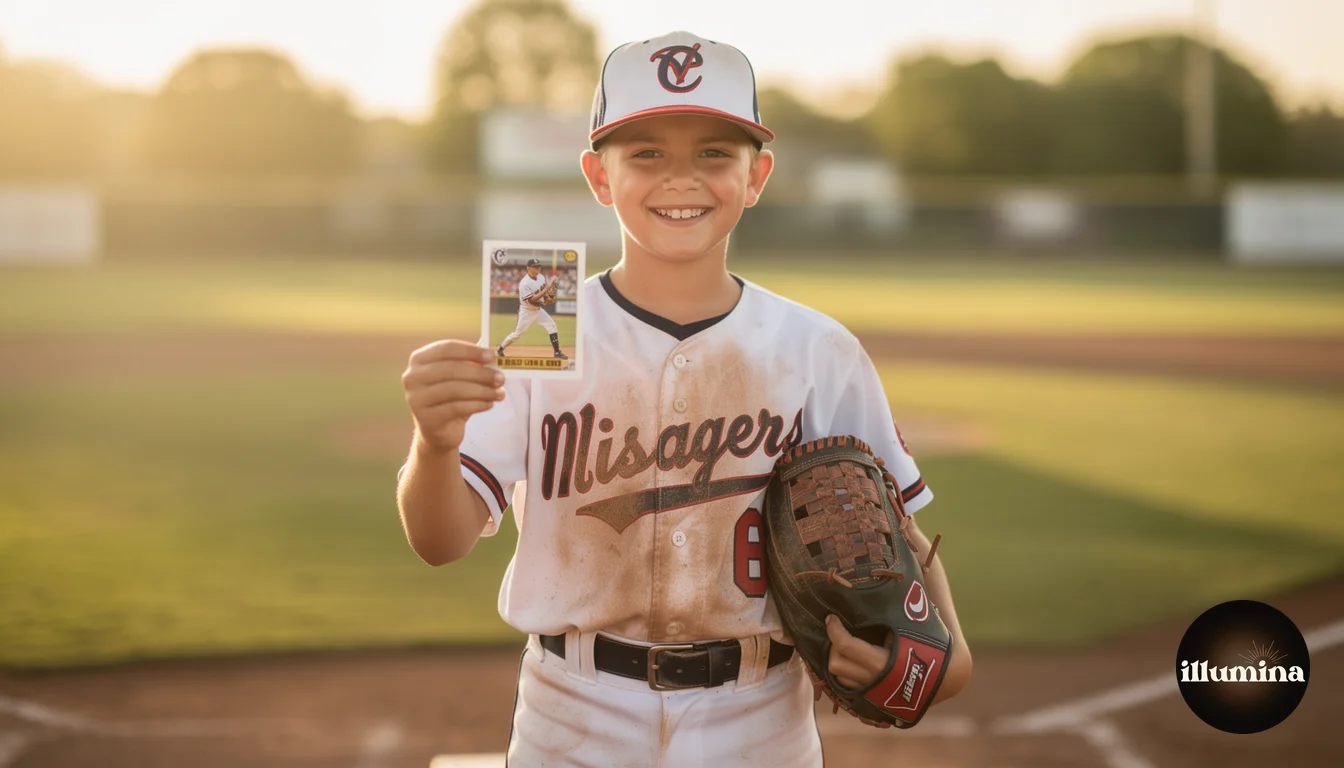 Young baseball player in uniform proudly holding up his own custom sports trading card on the field
