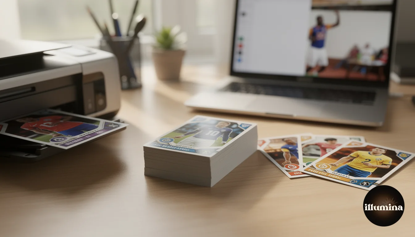 Stack of freshly printed sports trading cards on a desk with cards spread out showing different players