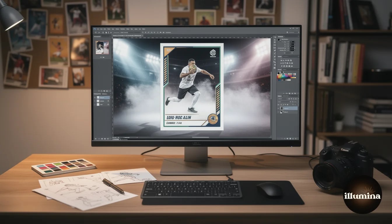 Computer monitor showing a sports trading card template being designed in Photoshop