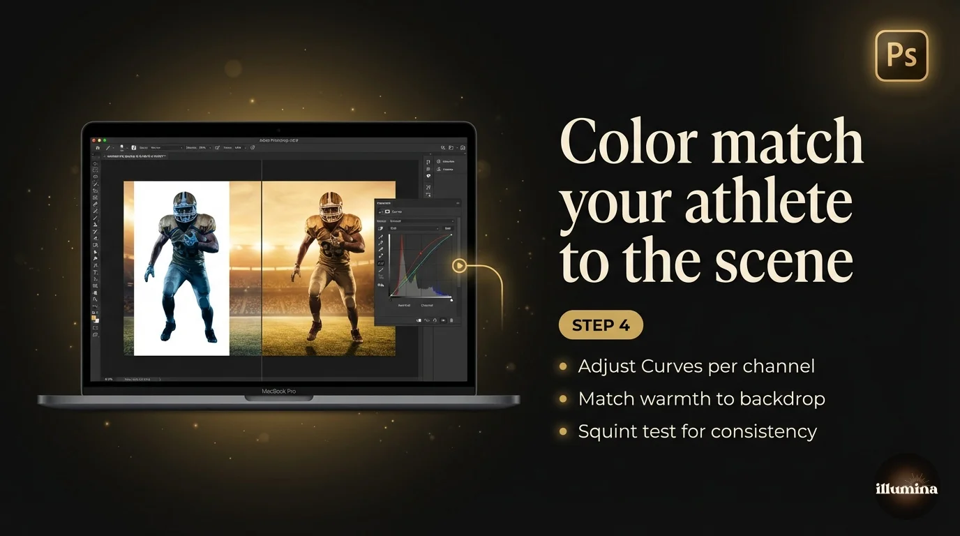 Photoshop Curves adjustment showing color matching an athlete cutout to a warm stadium backdrop