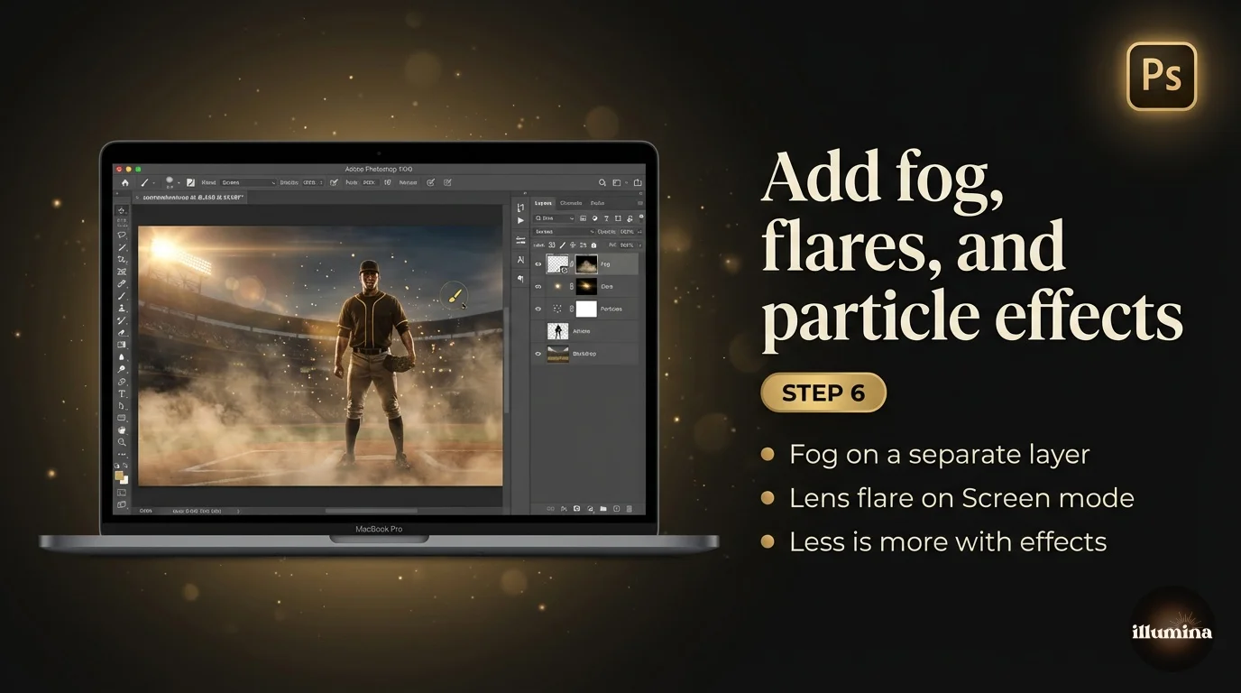 Photoshop layers panel showing fog, lens flare, and particle effects added to a sports composite