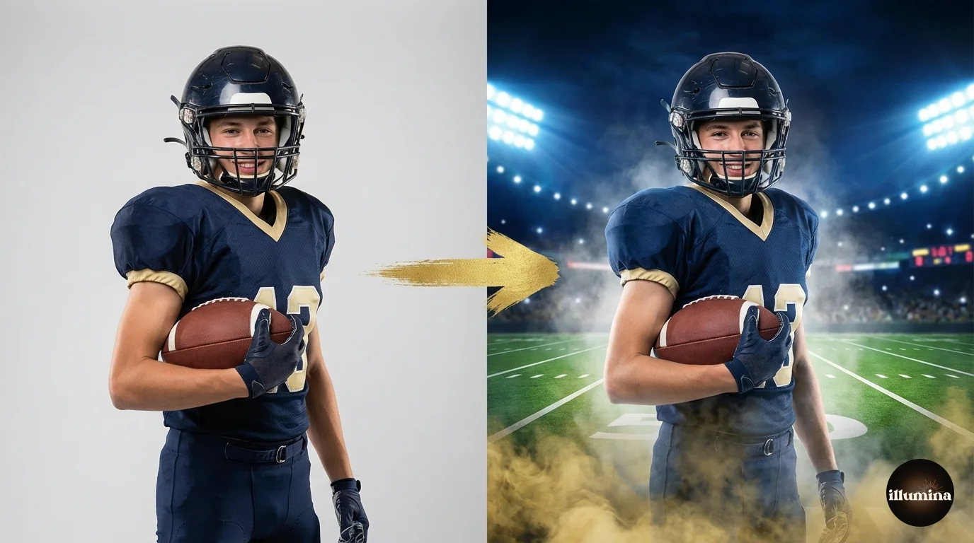 Young athlete composited onto a dramatic stadium backdrop with fog and spotlights