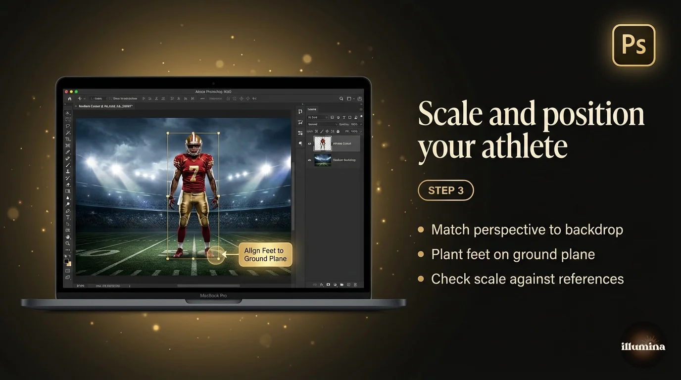 Photoshop workspace showing an athlete being placed and scaled onto a stadium digital backdrop
