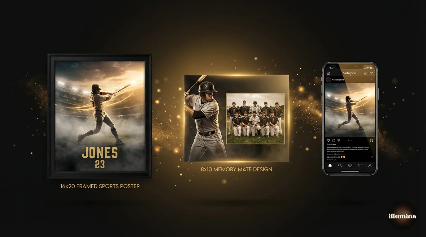 Finished sports composite products including a poster print and memory mate with team and individual photos