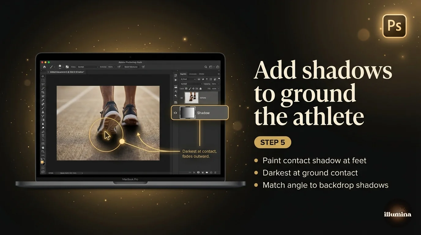 Photoshop tutorial painting a contact shadow beneath an athlete's feet to ground them in a stadium composite