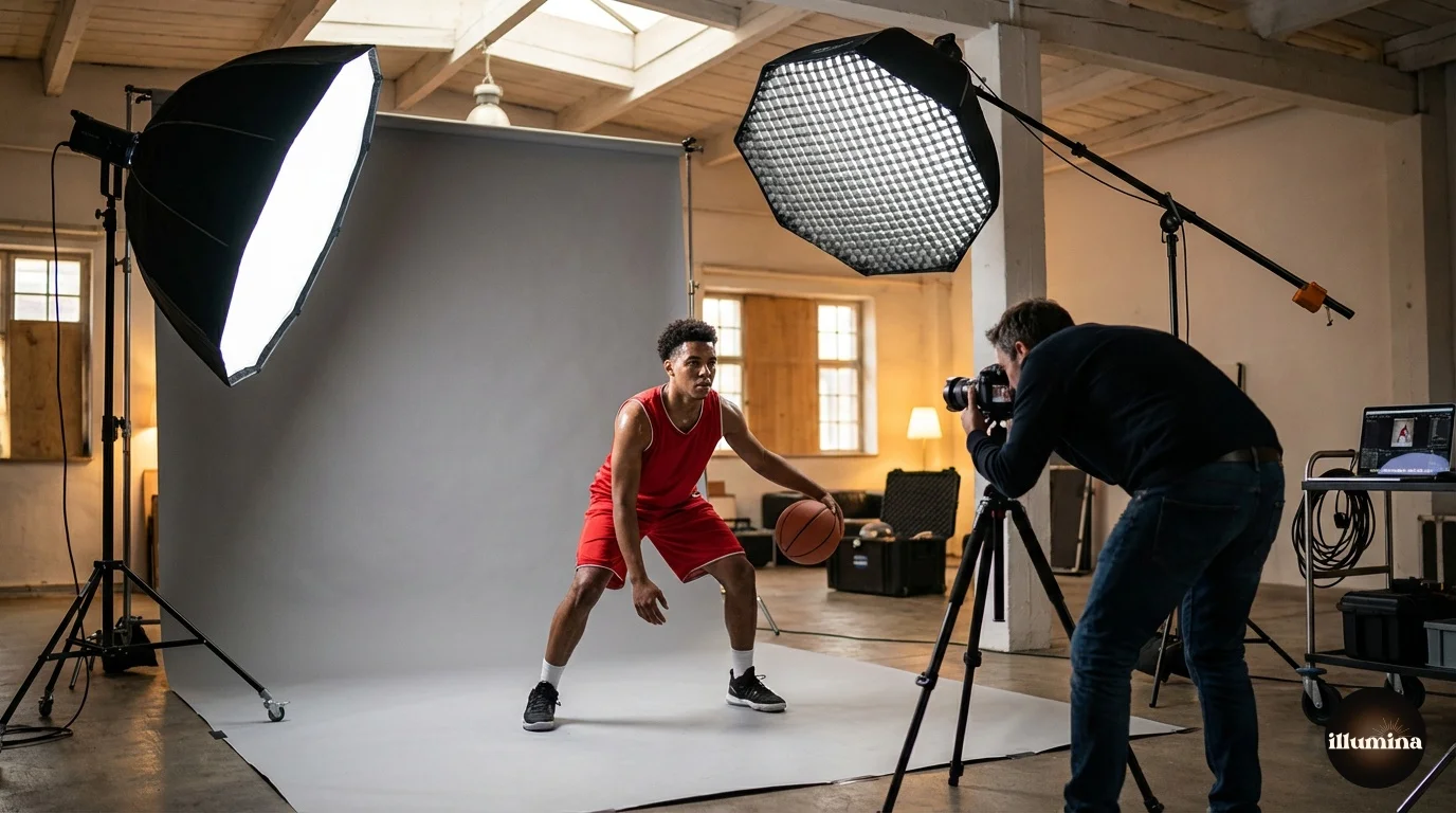 Studio setup for sports composite photography showing lighting, gray backdrop, and an athlete in position