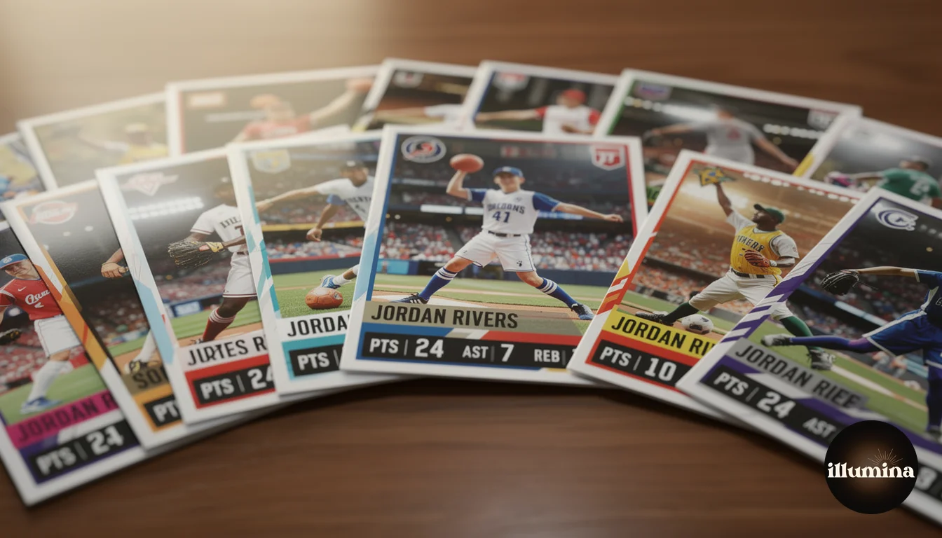 Display of professional youth sports trading cards with dramatic stadium backdrops fanned out on a table