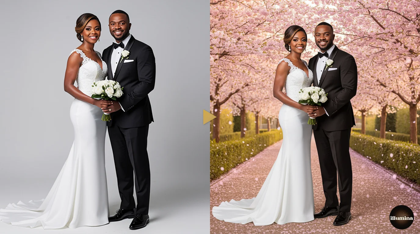 Before and after of a family portrait composited from a studio session onto a blooming cherry blossom digital backdrop