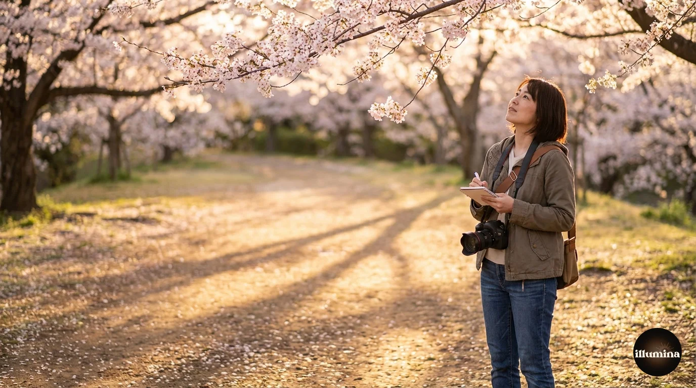 Photographer scouting a cherry blossom tree location for spring mini sessions with pink petals and golden light