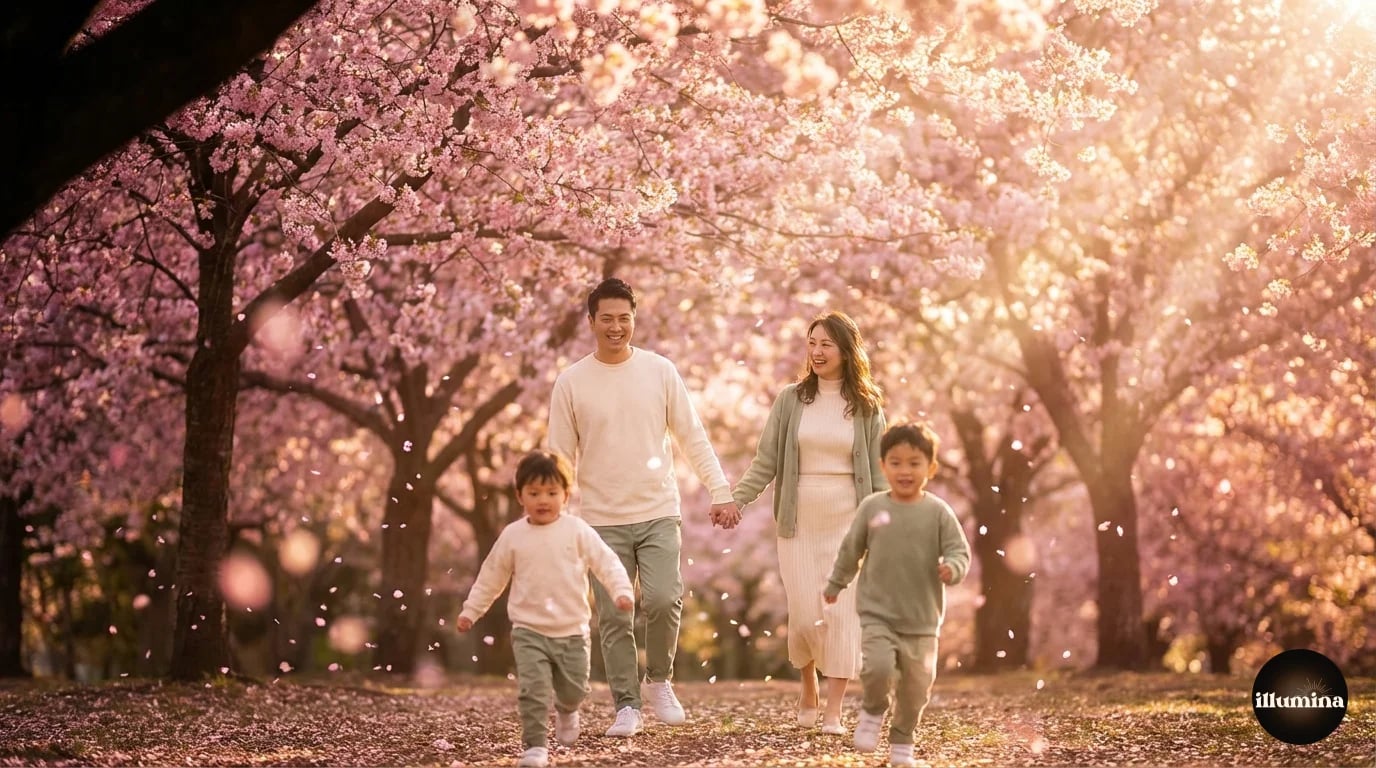 Family portrait during a spring mini session under blooming cherry blossom trees at golden hour