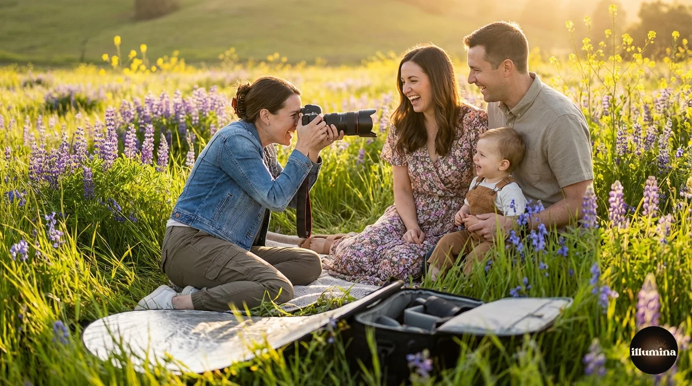 Behind the scenes of a spring mini session showing a photographer working with a family among blooming flowers