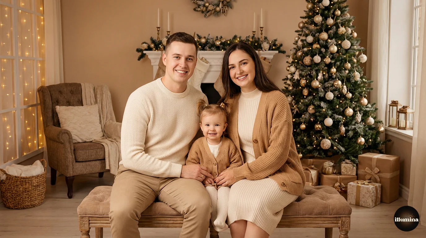 Studio Christmas photoshoot using a digital cozy cabin backdrop
