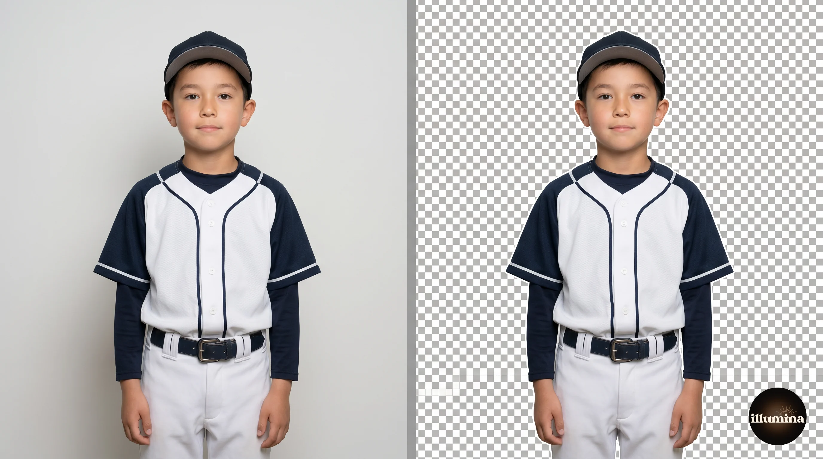 Before and after of removing a photo background: a boy against a plain wall, then the same photo with the background cut out