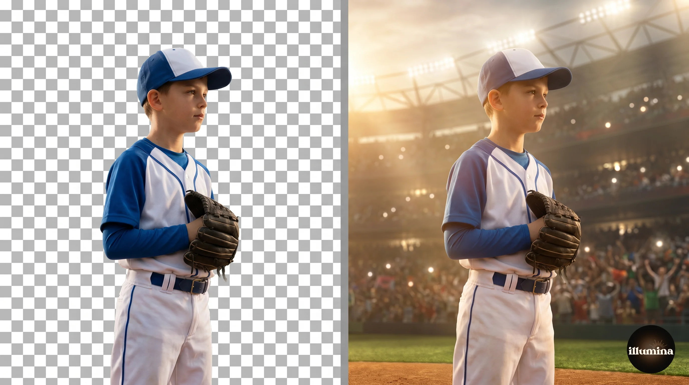 Before and after of adding a backdrop: a cut-out photo of a boy, then the same photo placed on a baseball stadium backdrop