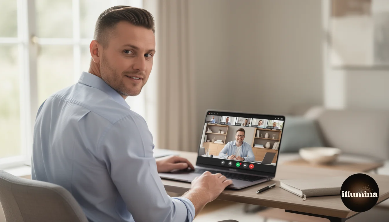 Professional man on a Microsoft Teams video call with a polished office virtual background
